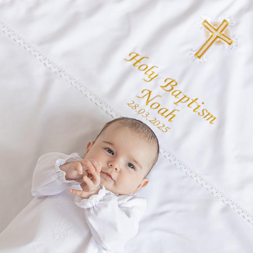 Personalized Baby Baptism Linen Gown & Blanket – Custom Christening Outfit with Embroidery