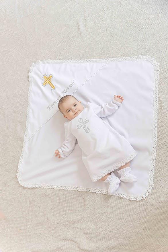 Personalized Christening Blanket with Embroidered Cross – Baptism Shawl with Lace Trim