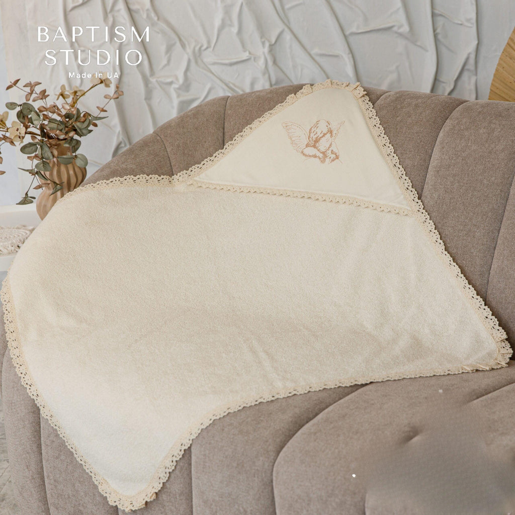 Personalized Hooded Baptism Towel – Embroidered Christening Gift with Lace Trim