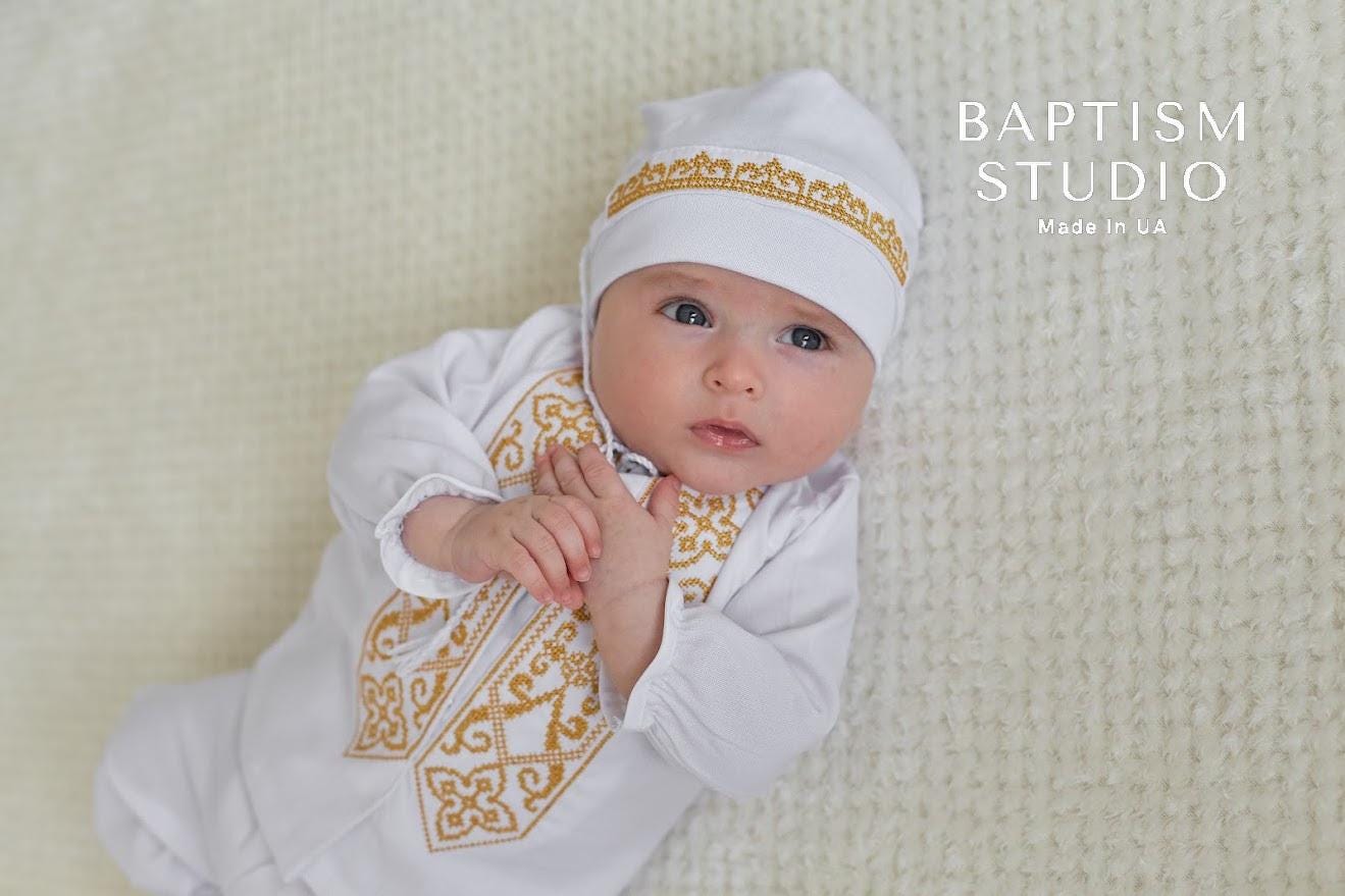 Luxury Linen Baptism Outfit for Baby Boy with Gold Embroidery