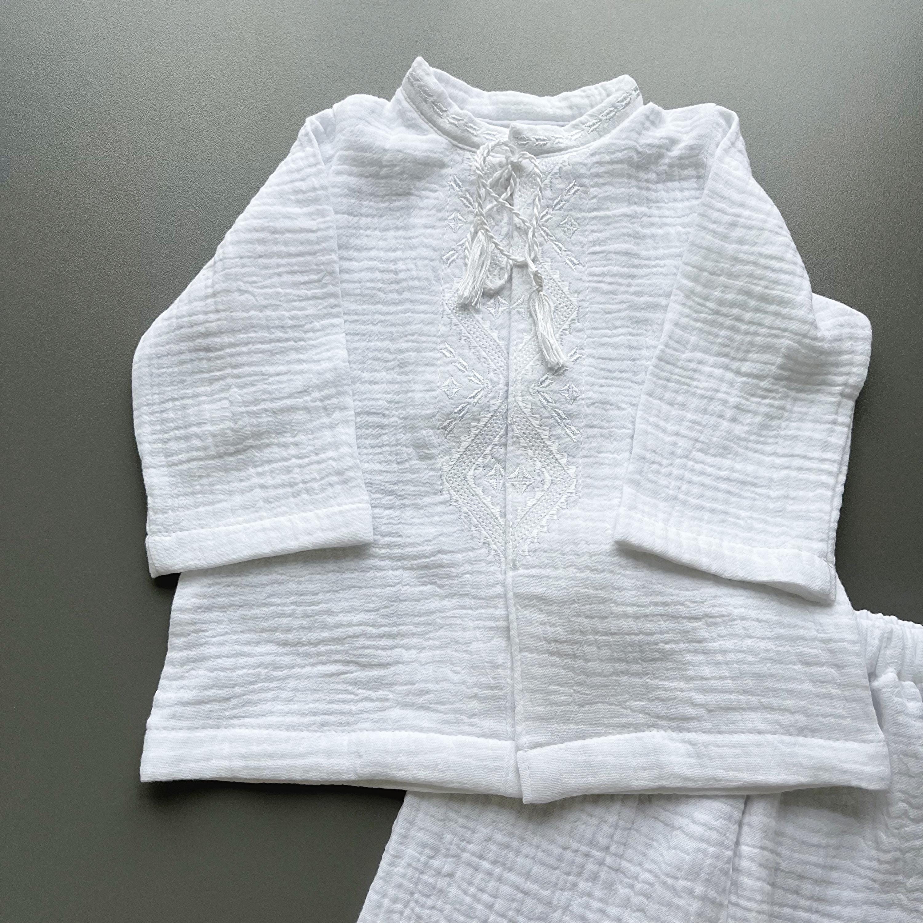 Baby Boy Baptism Outfit – White Muslin Christening Set with Shirt & Pants, White Embroidery