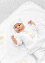 Elegant linen baptism set for baby boy with delicate gold embroidery