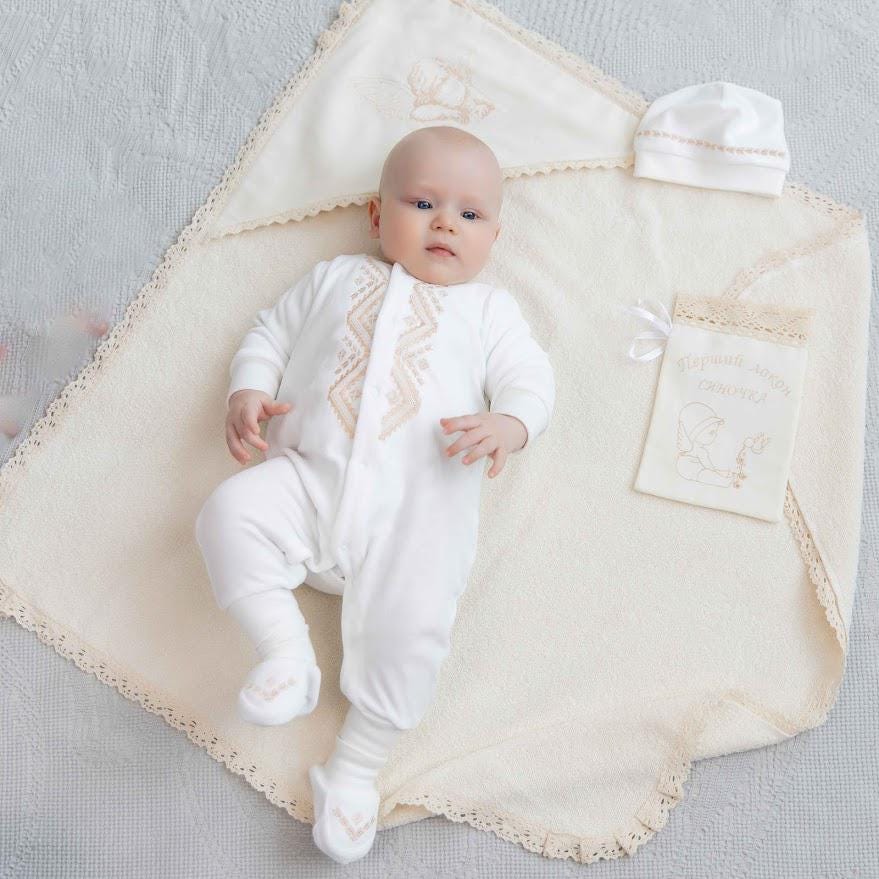 Luxury Baby Christening Set – Velour Romper & Hat + Hooded Baptism Towel