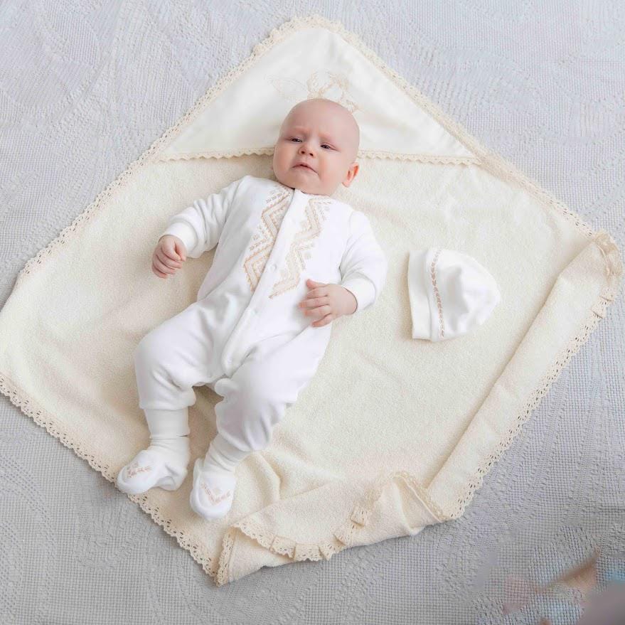 Luxury Baby Christening Set – Velour Romper & Hat + Hooded Baptism Towel