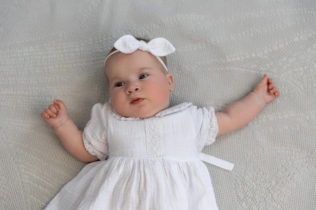 White Muslin Baby Baptism Dress with Bow Headband – Christening Outfit