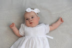 White Muslin Baby Baptism Dress with Bow Headband – Christening Outfit