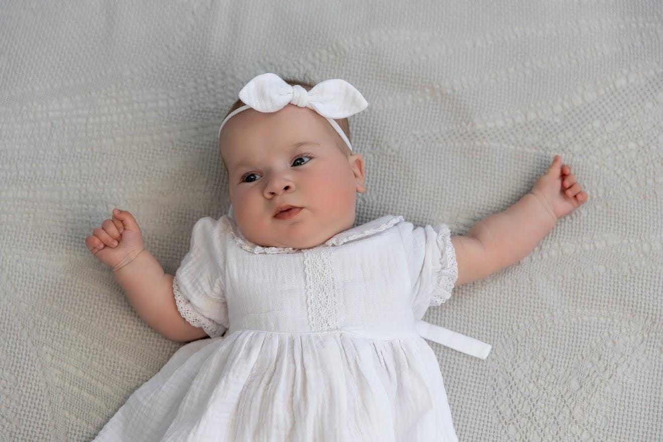 White Muslin Baby Baptism Dress with Bow Headband – Christening Outfit