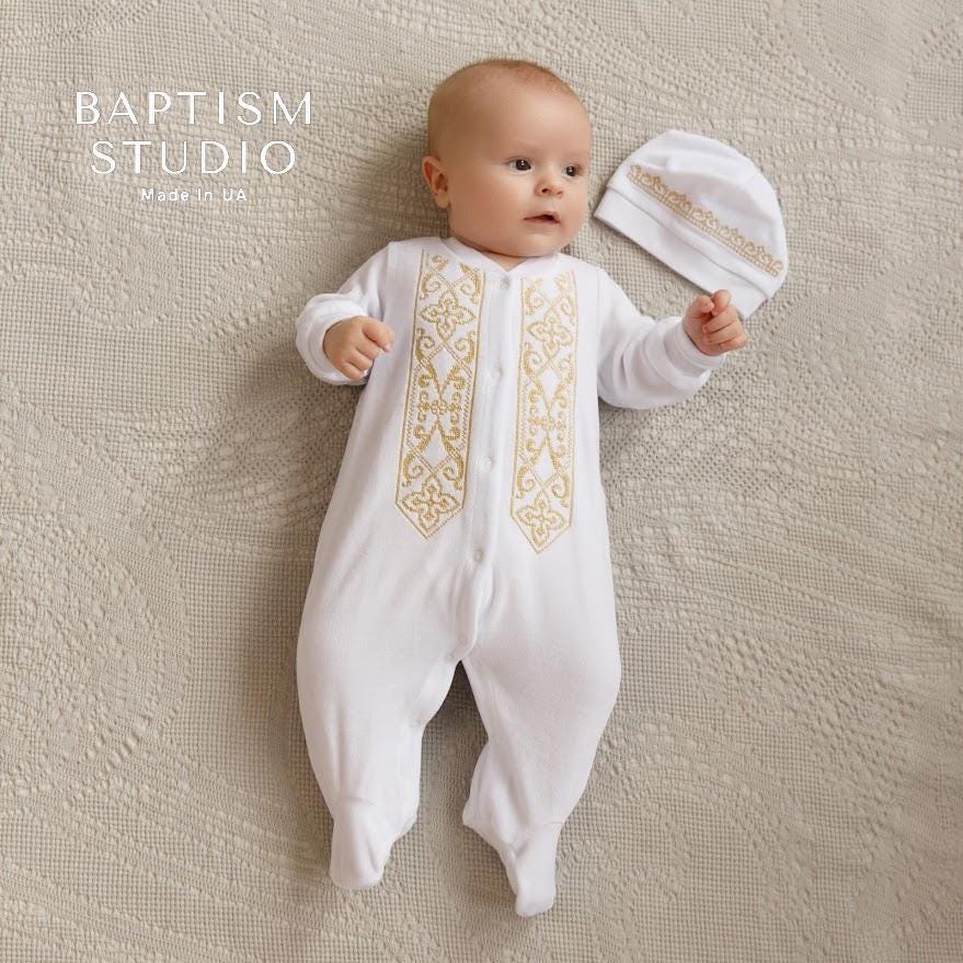 Baby Boy Baptism Outfit – Light Velour Romper with Gold Embroidery and Hat