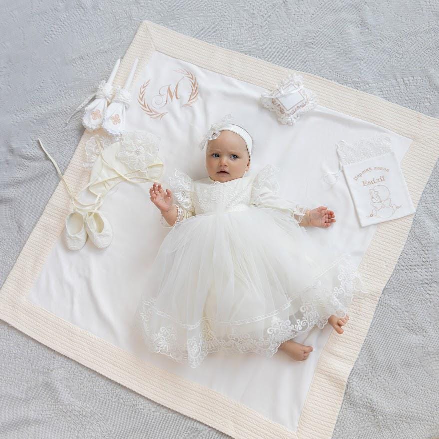 Luxury Christening Set for Baby Girl — Personalized Baptism Blanket, Linen Dress + Free Godmother Shawl