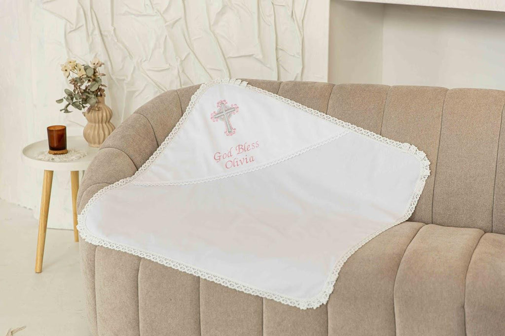 Personalized Linen Baptism Cloth – Embroidered Christening Shawl – Custom Baby Blanket