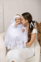 Baby blessing gown with long sleeves and matching lace headband