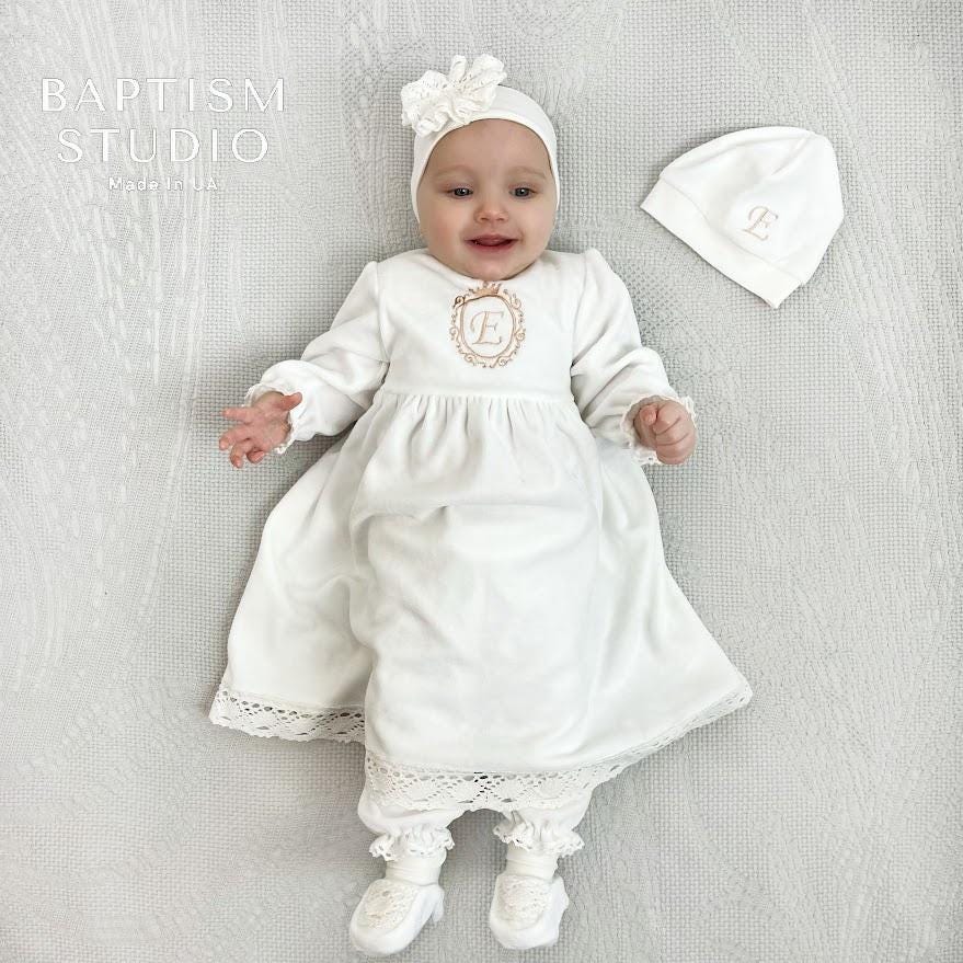 Personalized Baby Baptism Outfit Set – Ivory Velour Christening Set with Initial