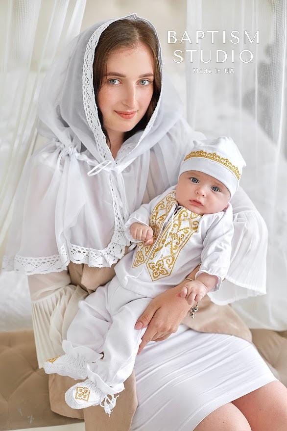 Luxury Linen Baptism Outfit for Baby Boy with Gold Embroidery