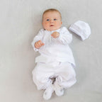 Linen christening set for baby boy with embroidery