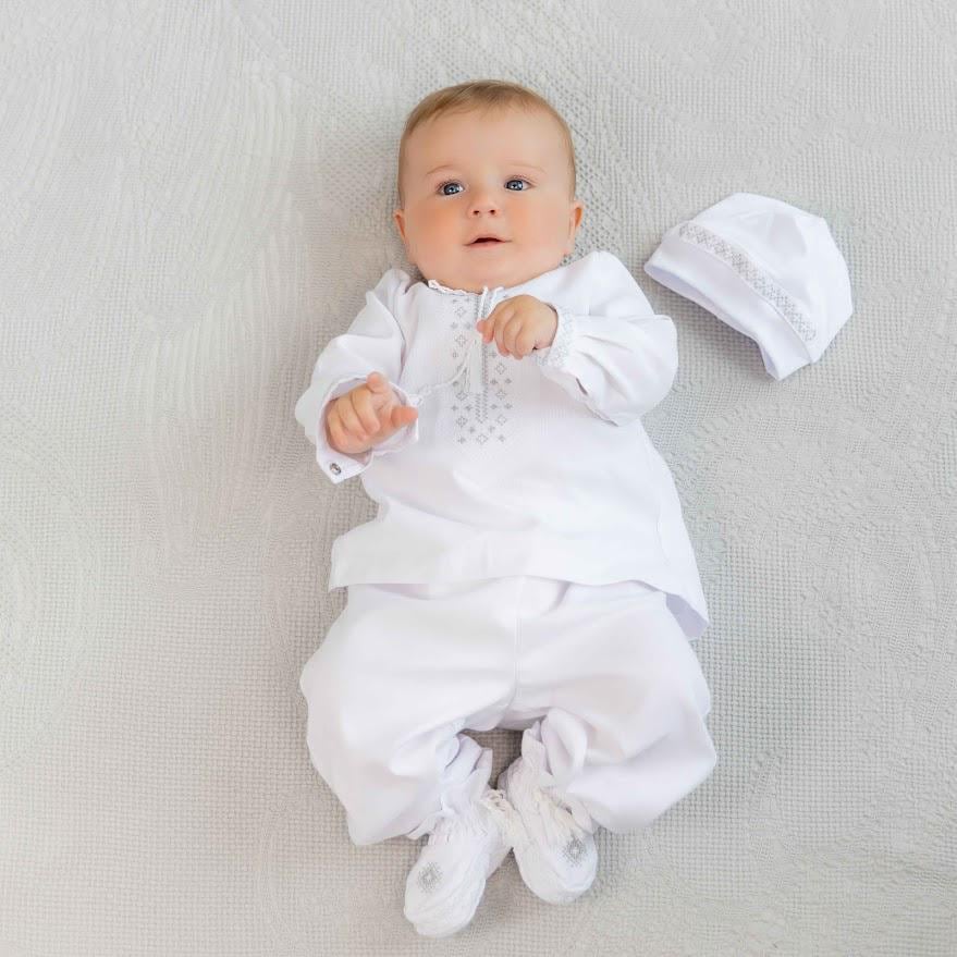 Linen christening set for baby boy with embroidery