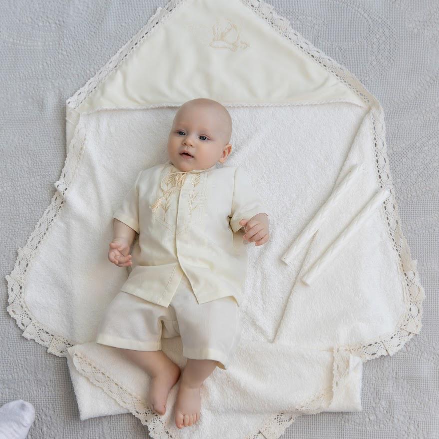Ivory Linen Baby Baptism Outfit with Hooded Towel | Christening Set with Angel Embroidery