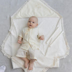 Ivory Linen Baby Baptism Outfit with Hooded Towel | Christening Set with Angel Embroidery