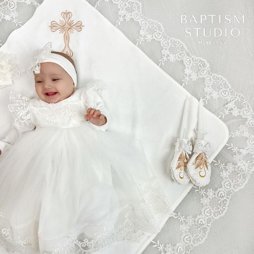 Luxury Light Ivory Christening Set for Baby Girl – Velour Dress, Blanket, Accessories
