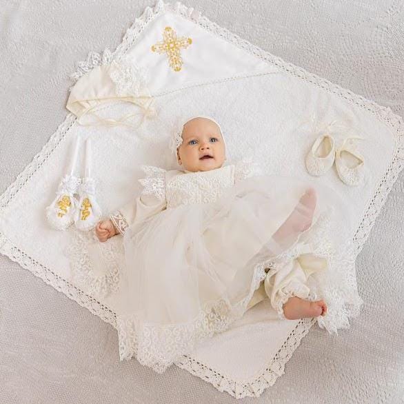 Luxury Linen Christening Outfit – Ivory Baptism Set for Baby Girl - Outfit & Blanket, mini pillow, candles