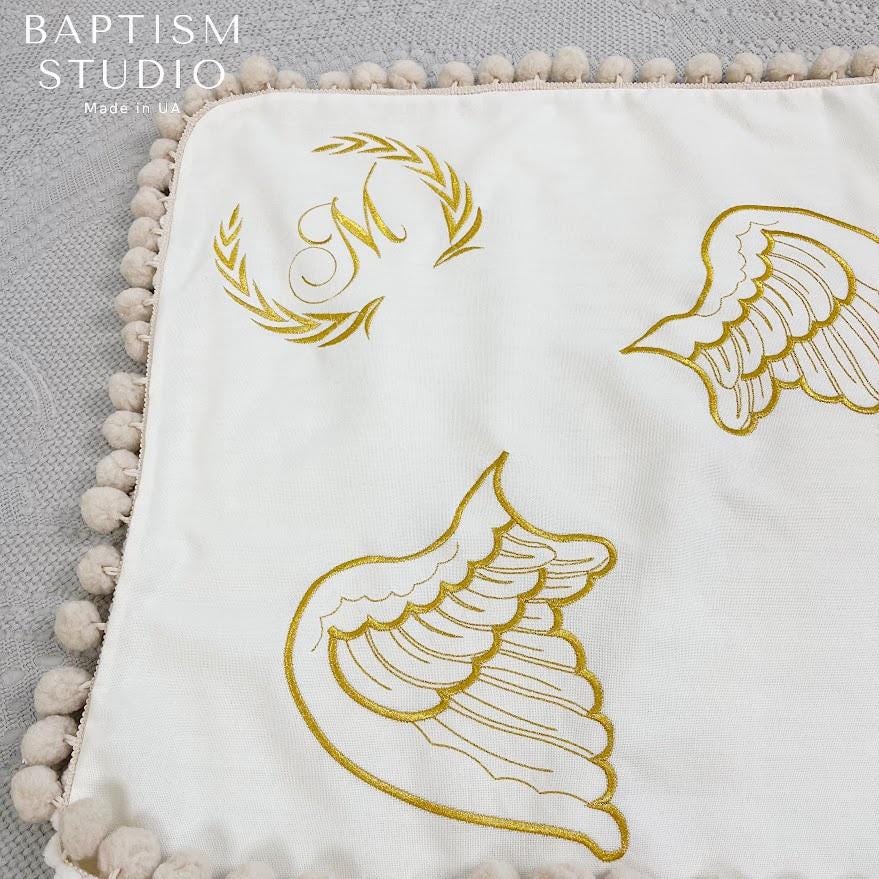 Personalized Baptism Blanket with Angel Wings and Initial – Soft Minky Christening Towel with Gold Embroidery