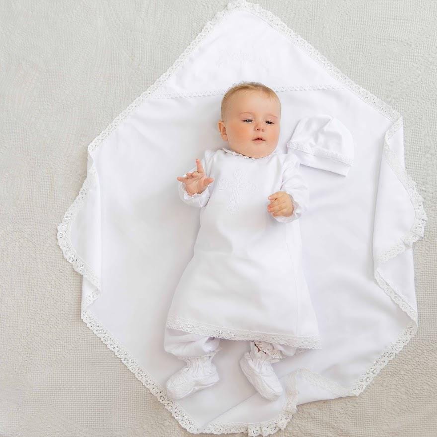 Baby Christening Set – Linen Baptism Outfit with Gown, Pants, Blanket, Bonnet & Booties | Natural White