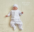 White Linen Baby Baptism Outfit with White Embroidery | Christening Set