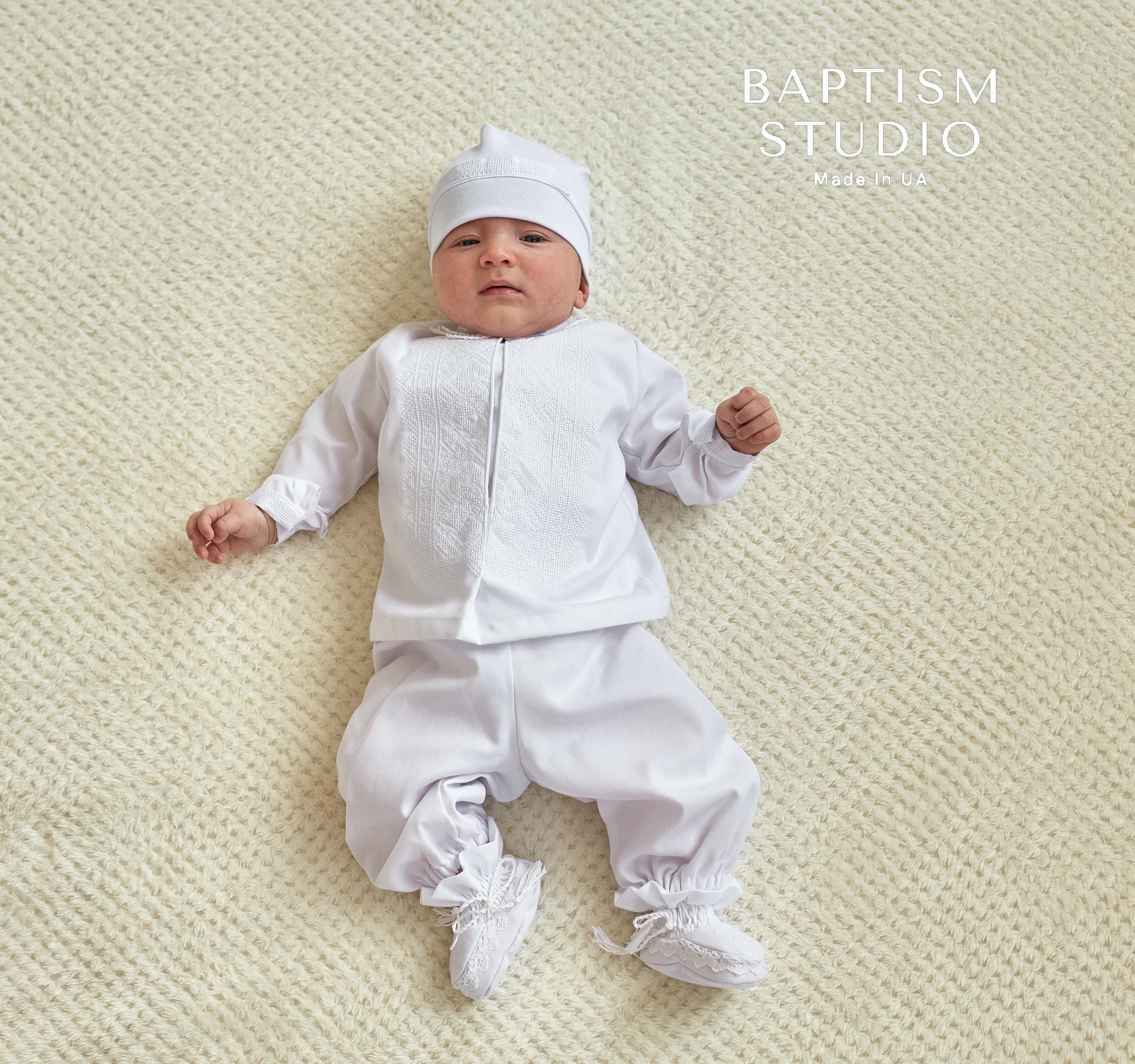 White Linen Baby Baptism Outfit with White Embroidery | Christening Set