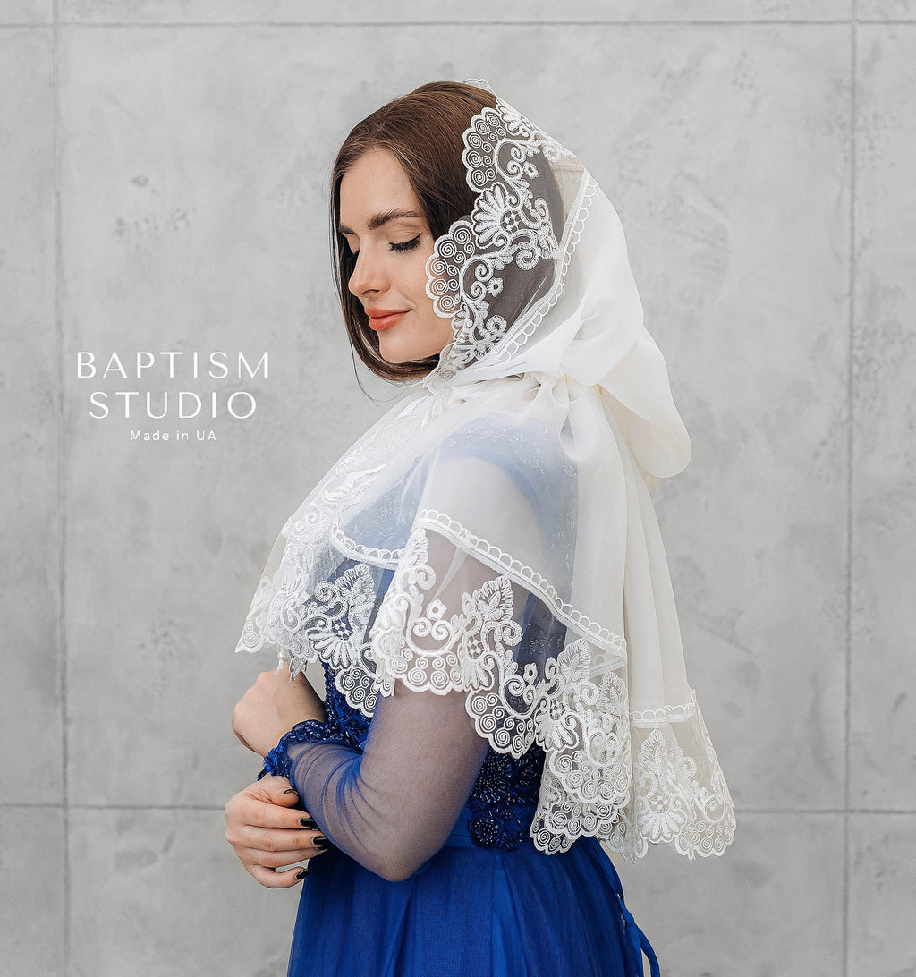 Embroidered White Lace Church Scarf – Orthodox Veil for Women | Baptism, Wedding, Liturgy