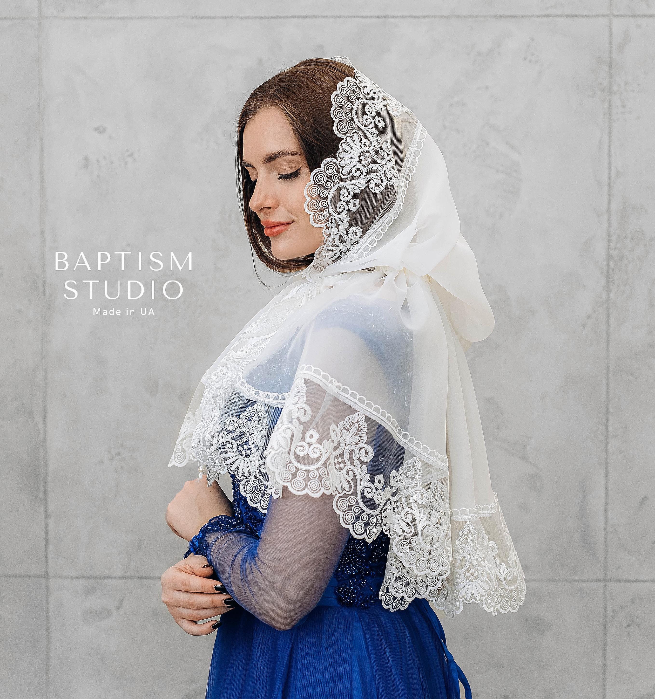 Embroidered White Lace Church Scarf – Orthodox Veil for Women | Baptism, Wedding, Liturgy