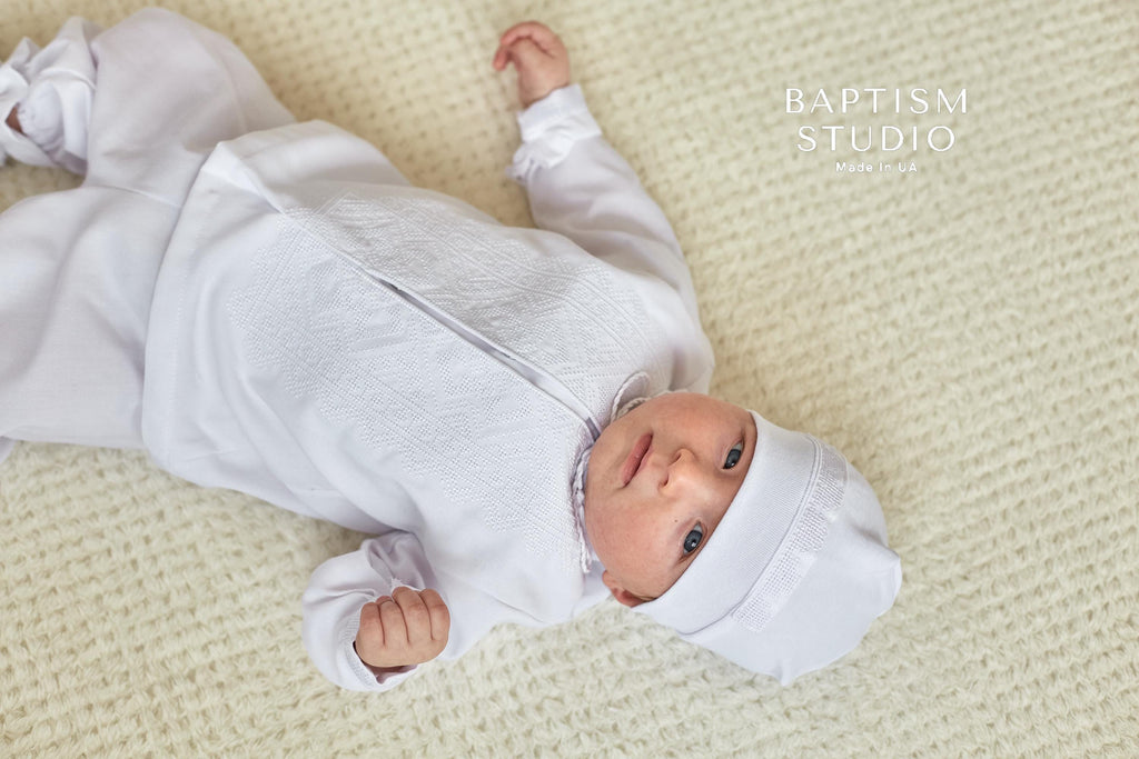 White Linen Baby Baptism Outfit with White Embroidery | Christening Set