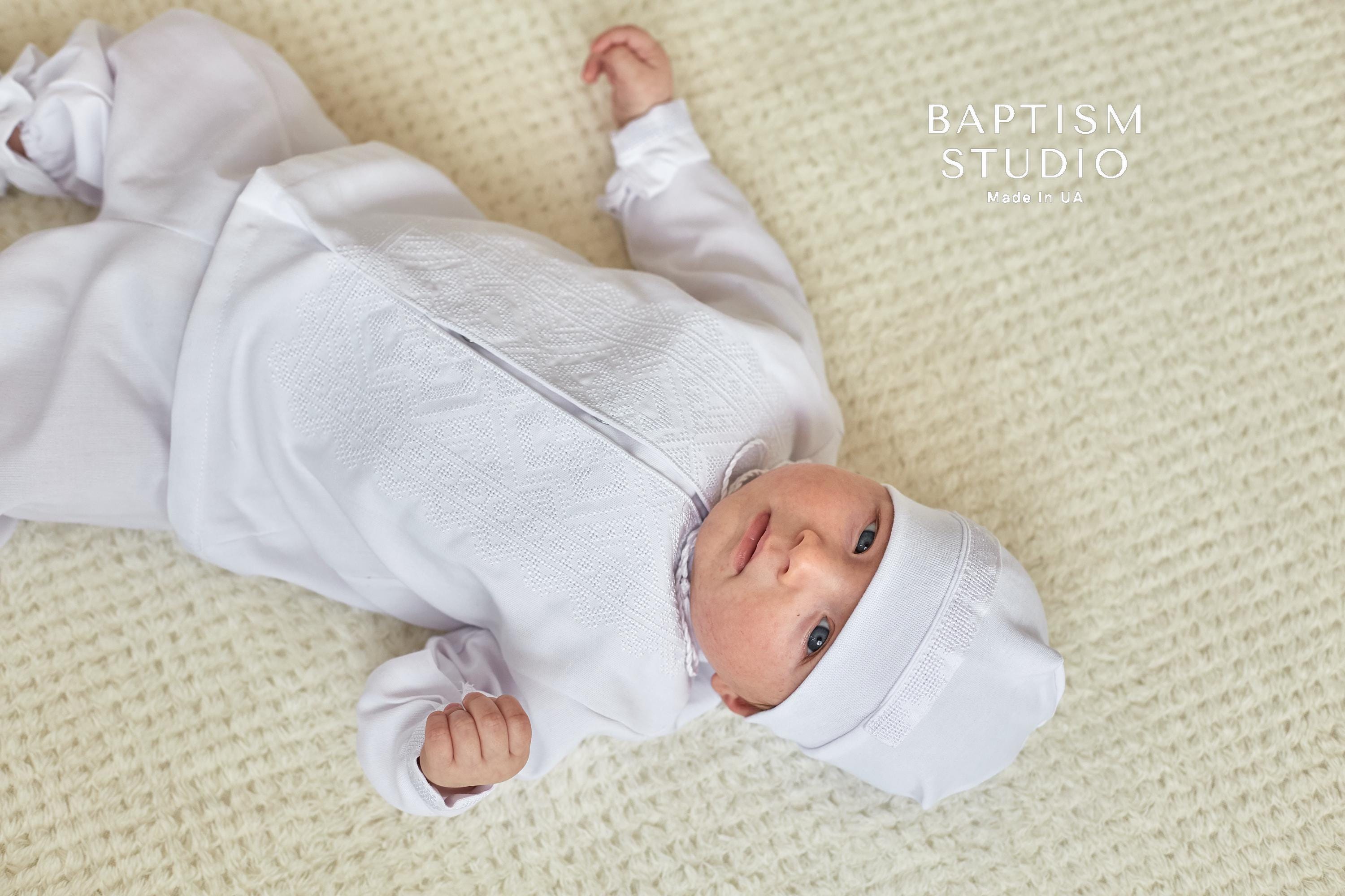 White Linen Baby Baptism Outfit with White Embroidery | Christening Set
