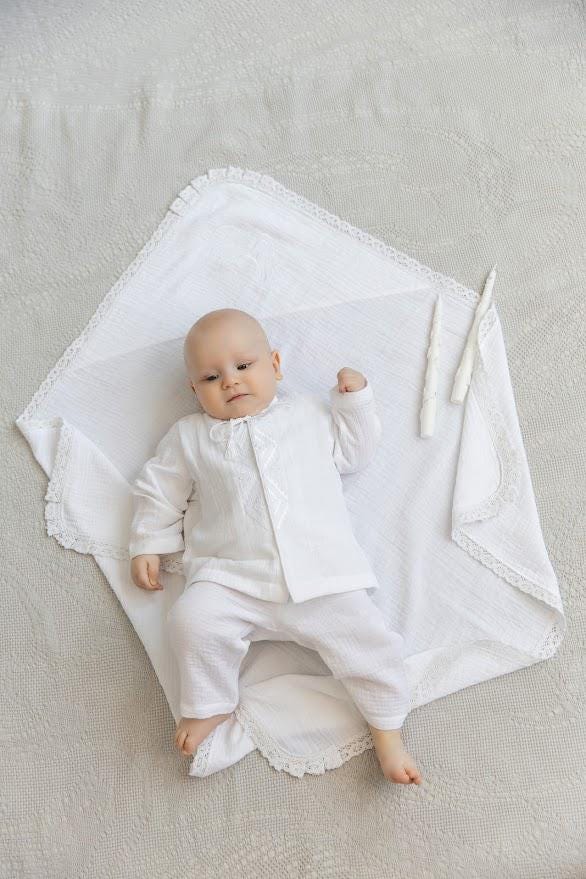 Personalized Baby Baptism Set – Soft Muslin Blanket, Outfit, and Soy Candles Gift Set