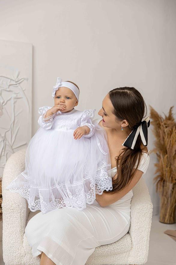 Baby Girl Christening Dress with Lace & Tulle – Baptism Outfit with Headband