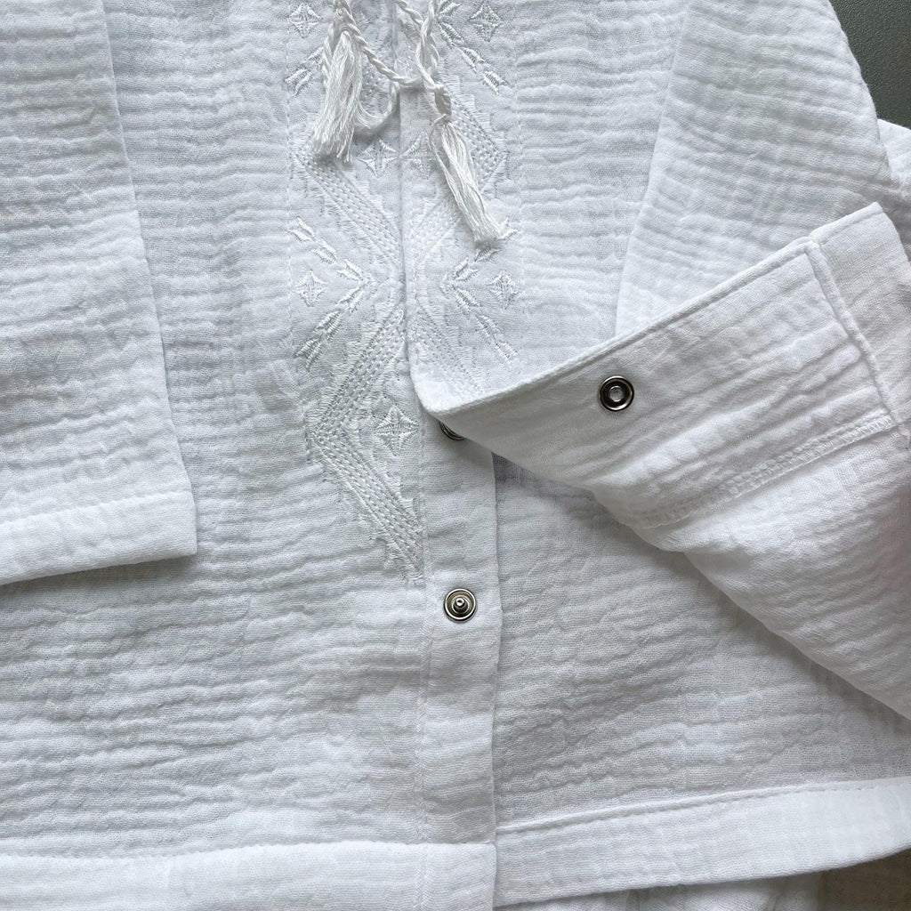 Baby Boy Baptism Outfit – White Muslin Christening Set with Shirt & Pants, White Embroidery