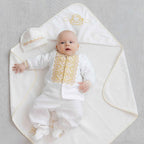 Baby boy christening outfit with gold embroidery and hooded baptism towel