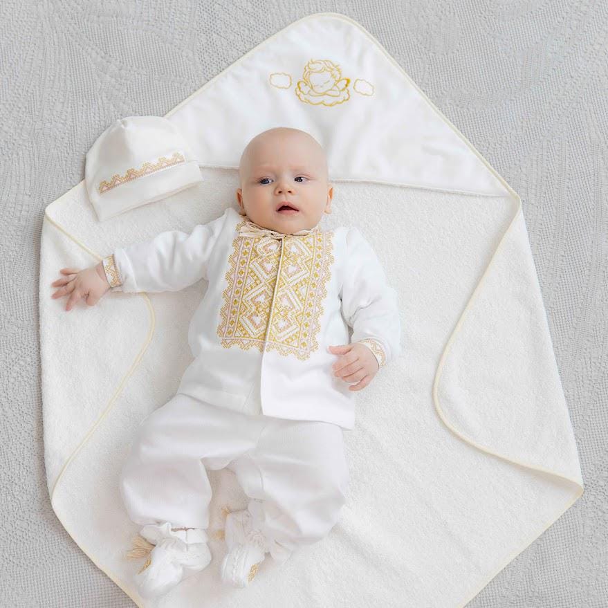 Baby boy christening outfit with gold embroidery and hooded baptism towel