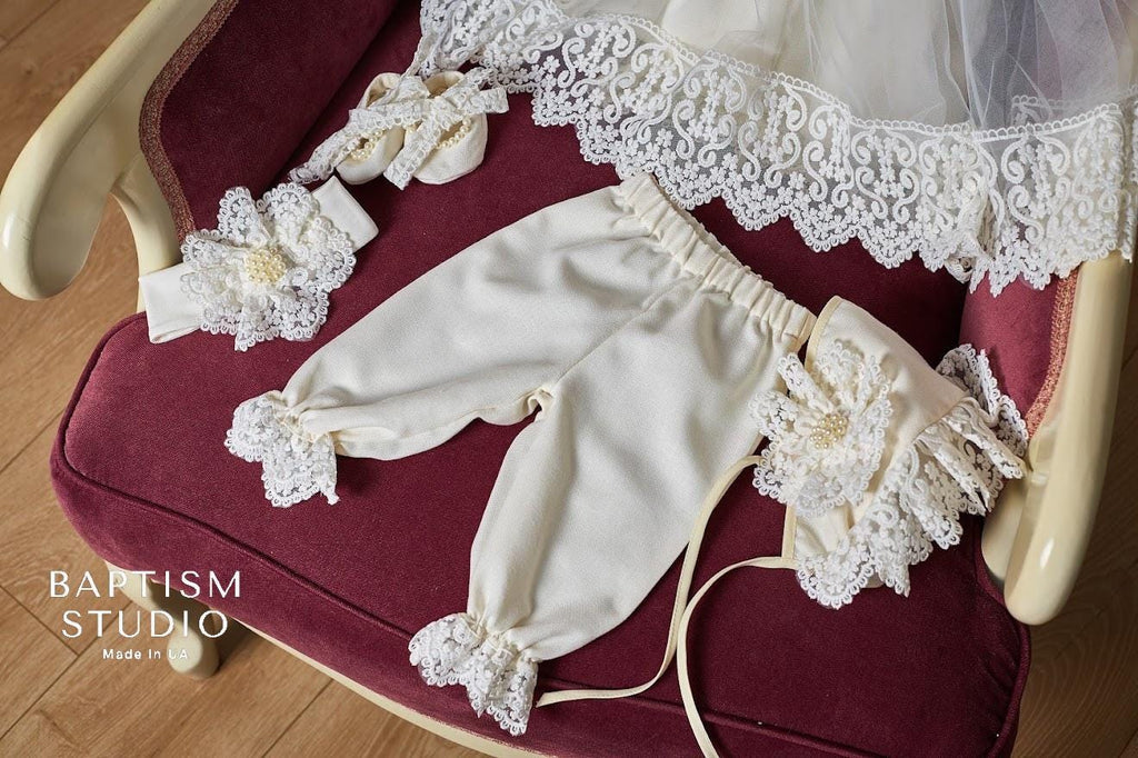 Ivory Linen Baby Girl Christening Set – 5‑Piece Outfit with Elegant Lace (Dress, Headband, Bonnet, Booties & Pants)