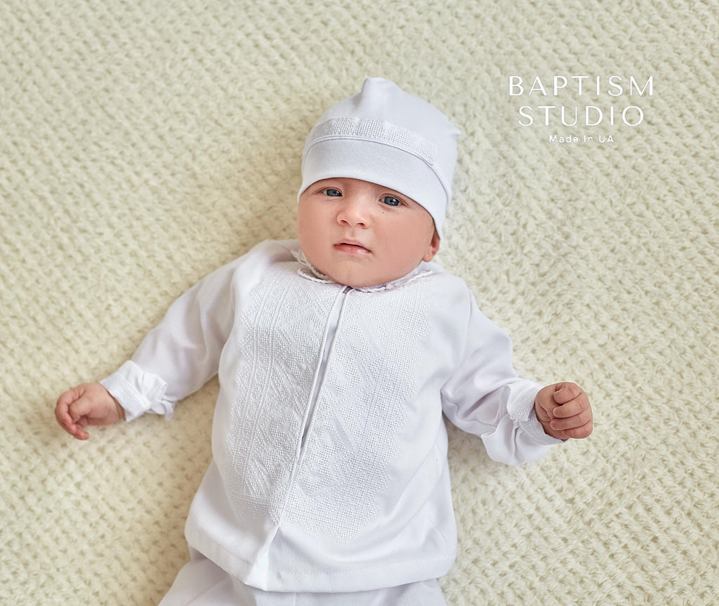 White Linen Baby Baptism Outfit with White Embroidery | Christening Set