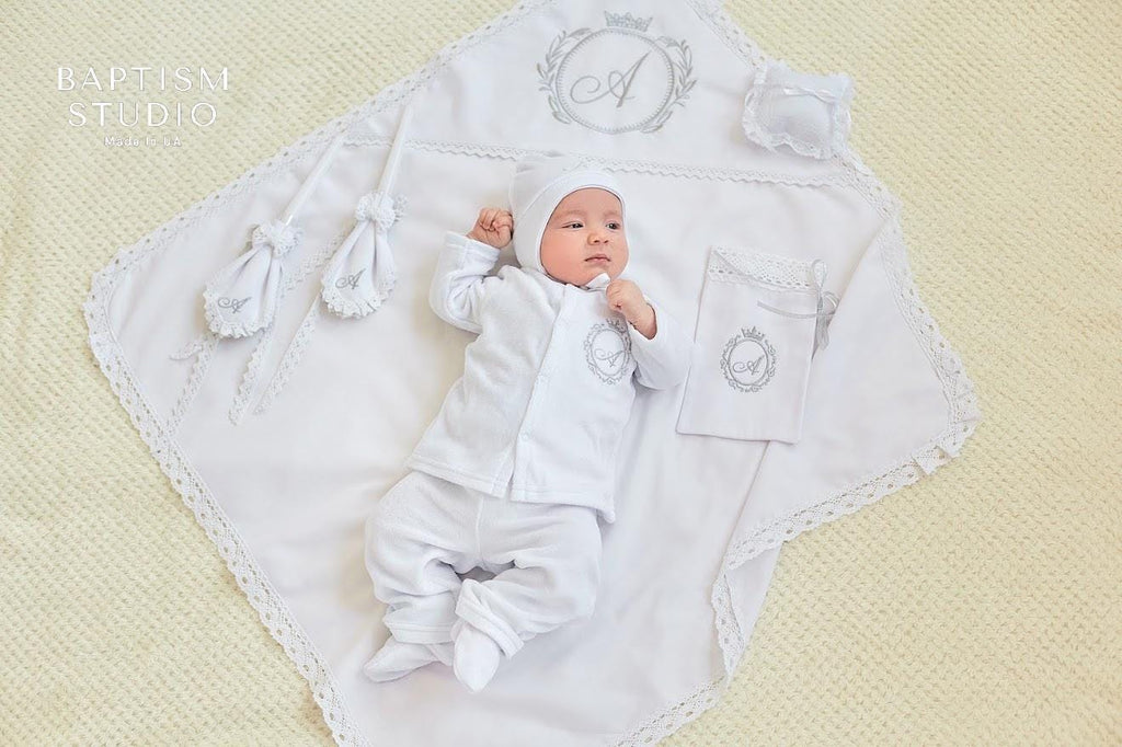Personalized Linen Christening Set for Baby Boy - Natural velor Baptism Outfit