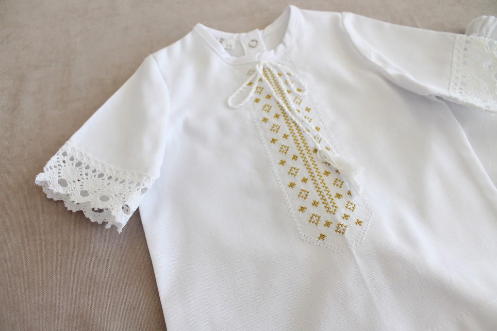 White Linen Baby Baptism Set with Gold Embroidery | Christening Outfit & Linen Blanket