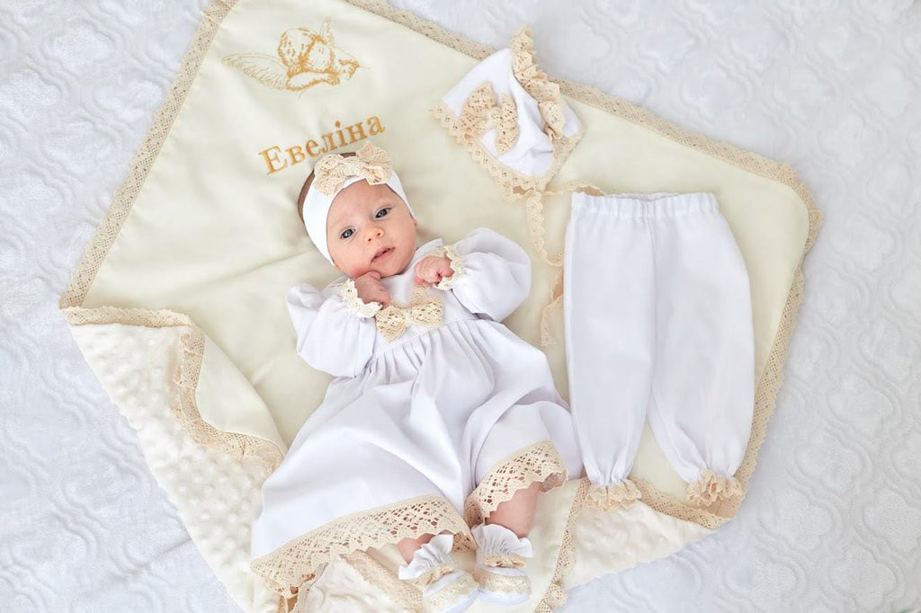 Linen + plush dot blanket for baby girl christening
