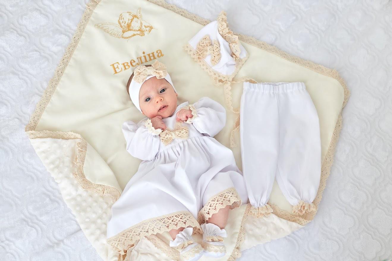 Linen + plush dot blanket for baby girl christening