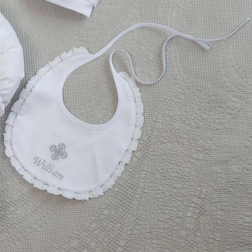 White Linen Baby Baptism Outfit with Bib | Christening Set