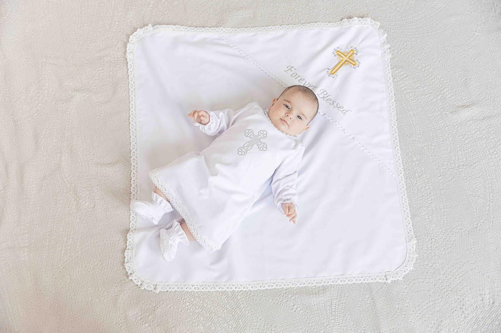 Personalized Christening Blanket with Embroidered Cross – Baptism Shawl with Lace Trim