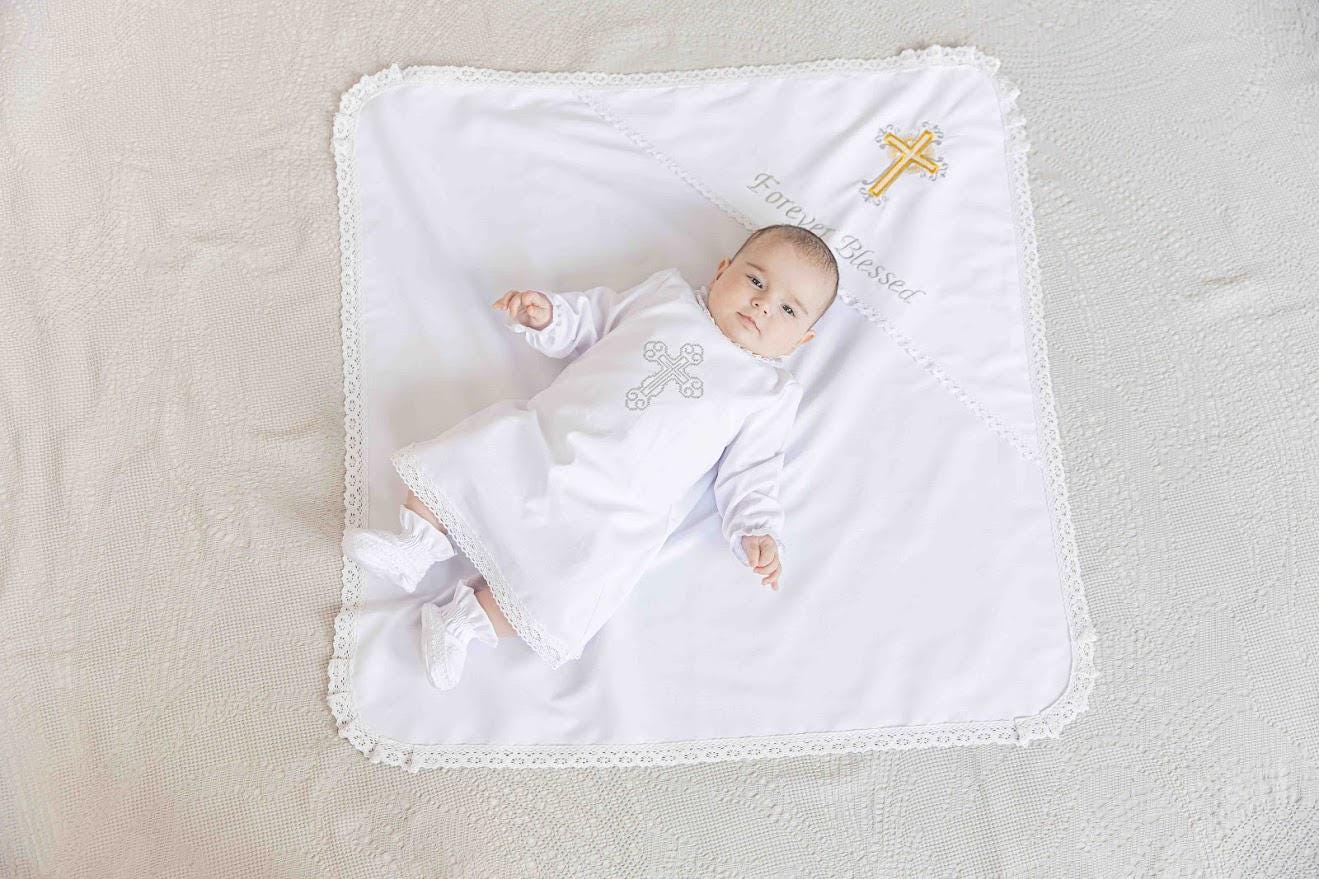Personalized Christening Blanket with Embroidered Cross – Baptism Shawl with Lace Trim