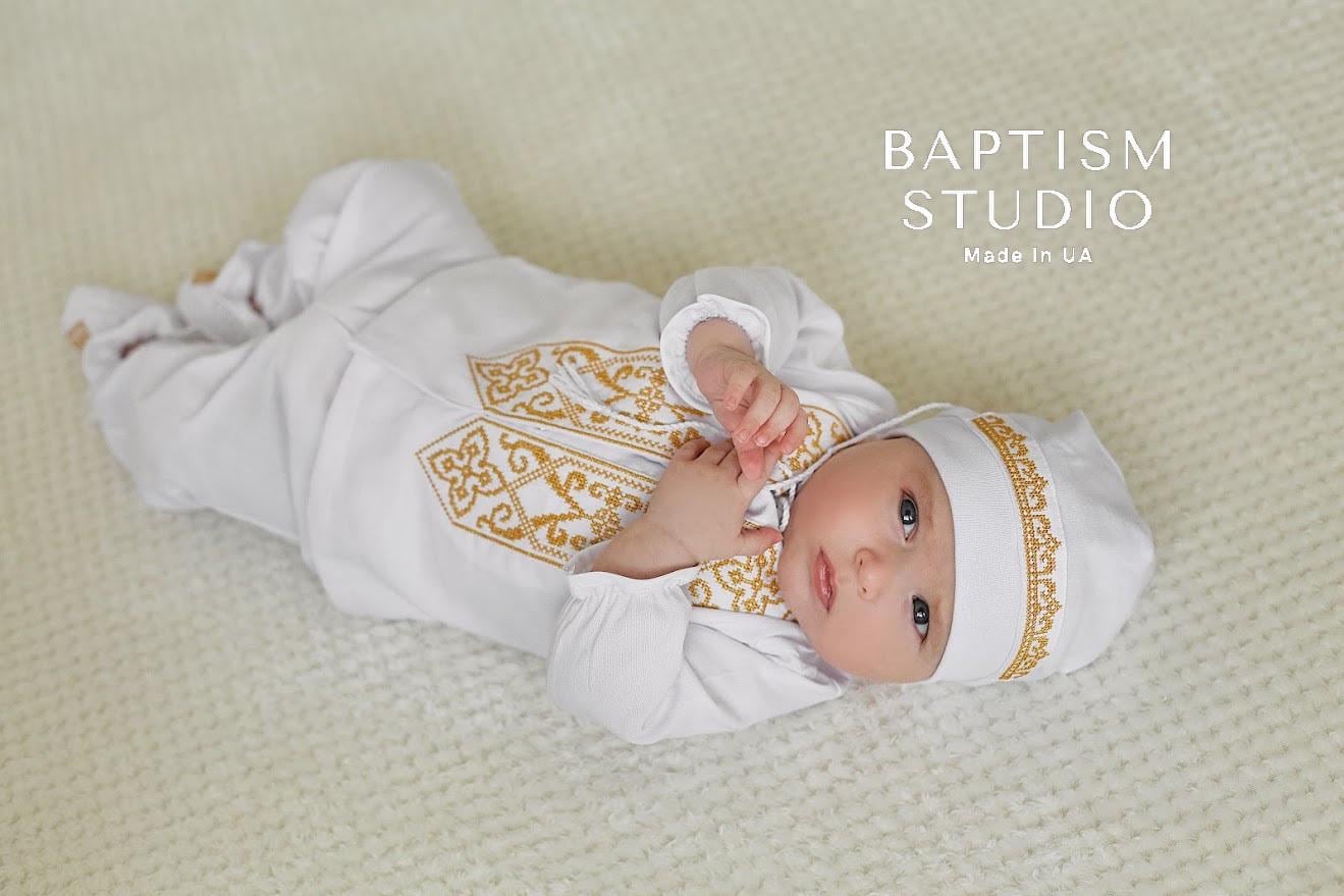 Luxury Linen Baptism Outfit for Baby Boy with Gold Embroidery