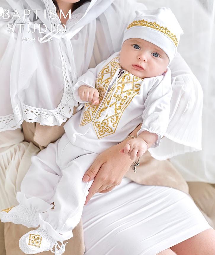 Luxury Linen Baptism Outfit for Baby Boy with Gold Embroidery