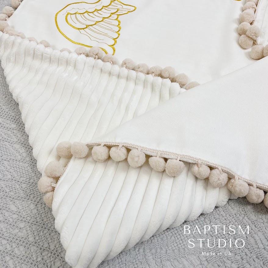 Personalized Baptism Blanket with Angel Wings and Initial – Soft Minky Christening Towel with Gold Embroidery
