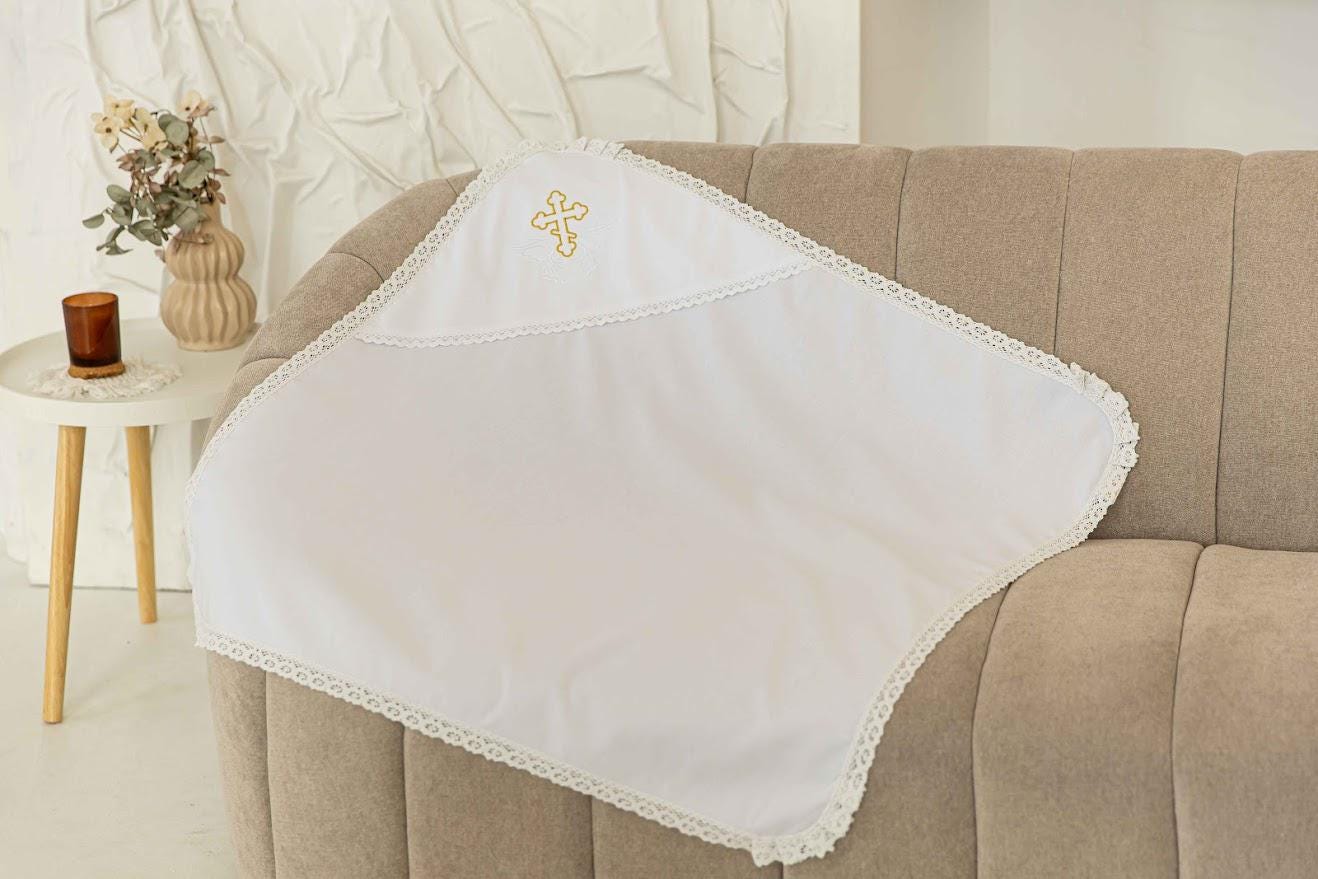 Orthodox baptism blanket with hood, white linen with embroidered cross and dove