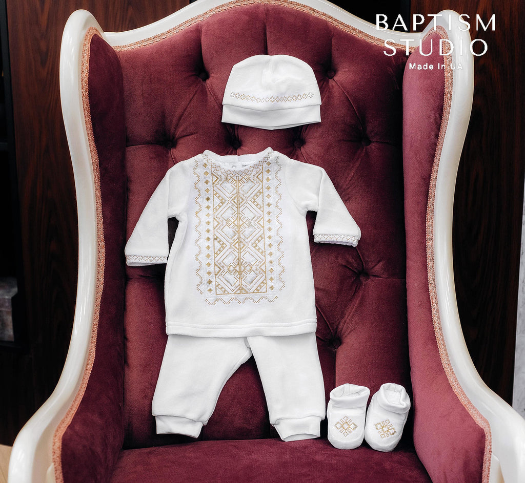 White Baby Baptism Velour Outfit with Silver Embroidery | Christening Set